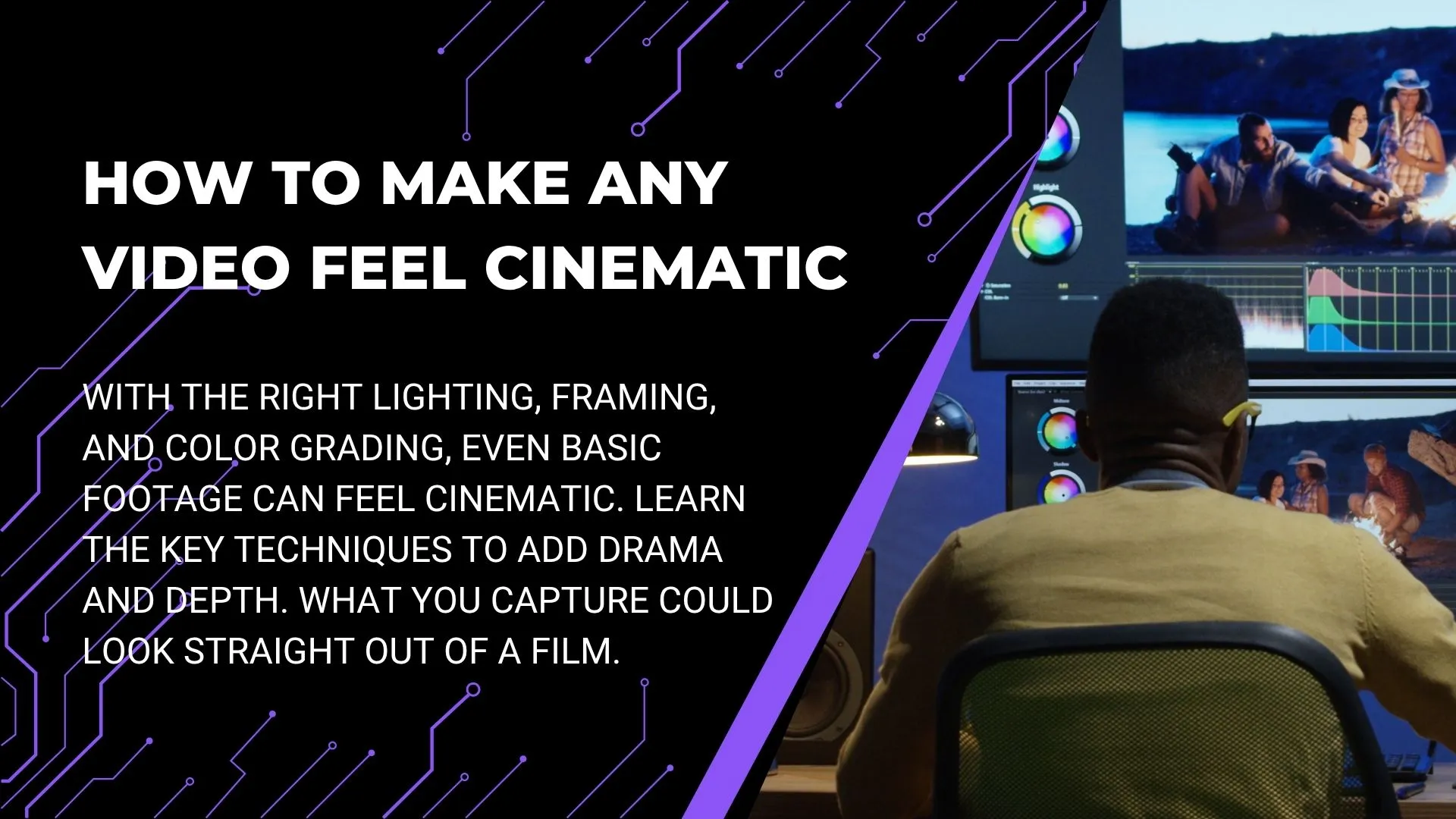 Transform videos with a cinematic look, lighting, framing, grading