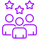 Customer reviews icon, star ratings, speech bubbles, and satisfied client testimonials